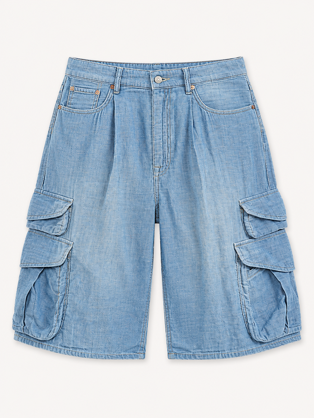 Denimist Kelby Cargo Short | Indigo Chambray – front flat lay