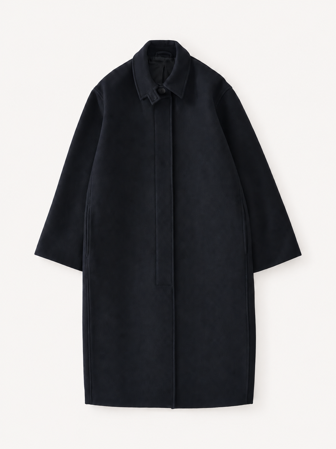 La Neuvième Paris Ria dark navy melton wool coat with a rounded silhouette and clean button-front design.