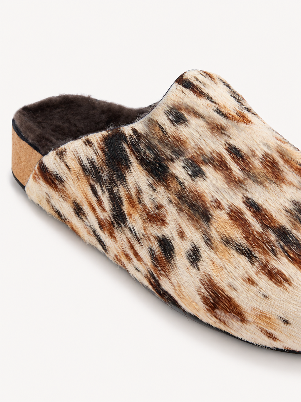 Scholl Luna Clog in Brown Animalier — pony-leather texture detail