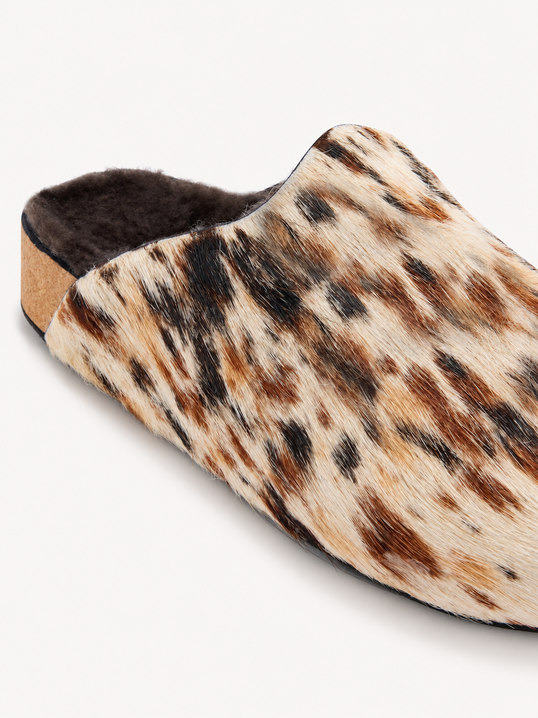 Scholl Luna Clog in Brown Animalier — pony-leather texture detail