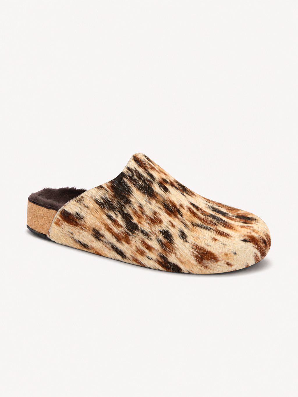 Scholl Luna Clog in Brown Animalier — front three-quarter view